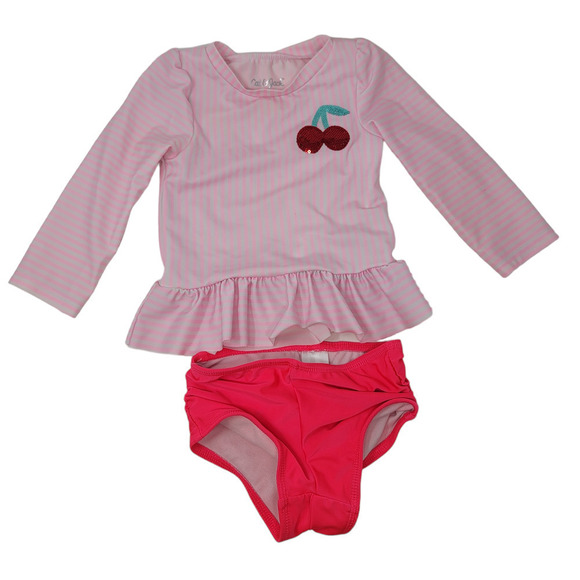 Cat & Jack Cherry Ruffle 2Pc Long Sleeve Swim Suit Toddler Size 2T Rash Guard - Picture 1 of 4